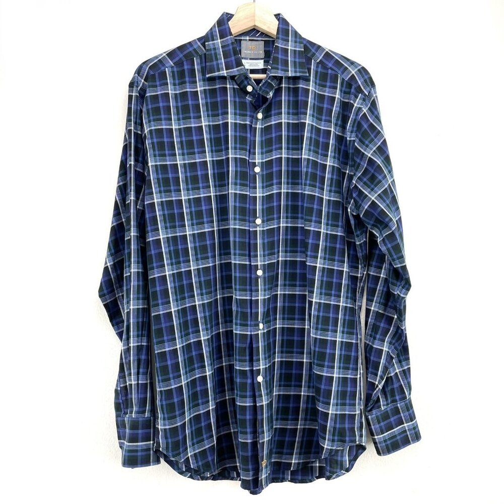 Thomas Dean Mens Large Blue Check Print Pima Cotton Button Up‎ Shirt Long Sleeve